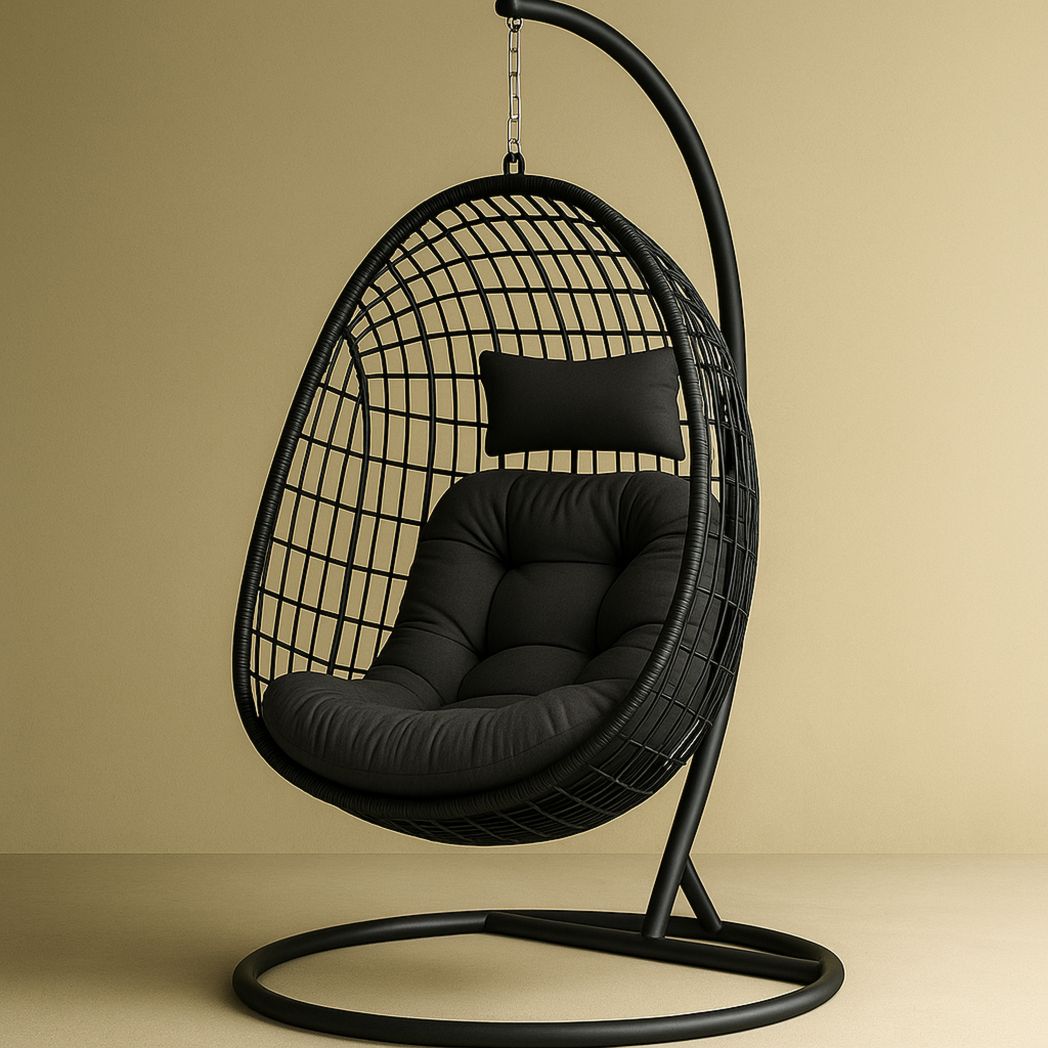 Chaise Suspendue en Résine Tressée et Acier Noir avec Coussin en Polyester, Forme Oeuf, 105 cm x 75 cm x 120 cm-Vasolia