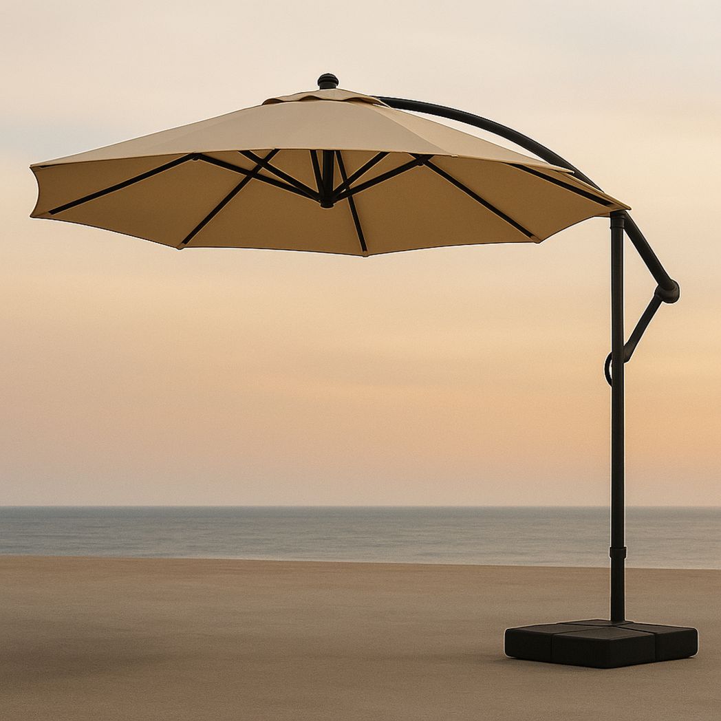 Parasol Déporté Rond en Aluminium avec Toile Polyester Résistant aux UV Beige, Diamètre 3m, Hauteur 2.5m-Vasolia
