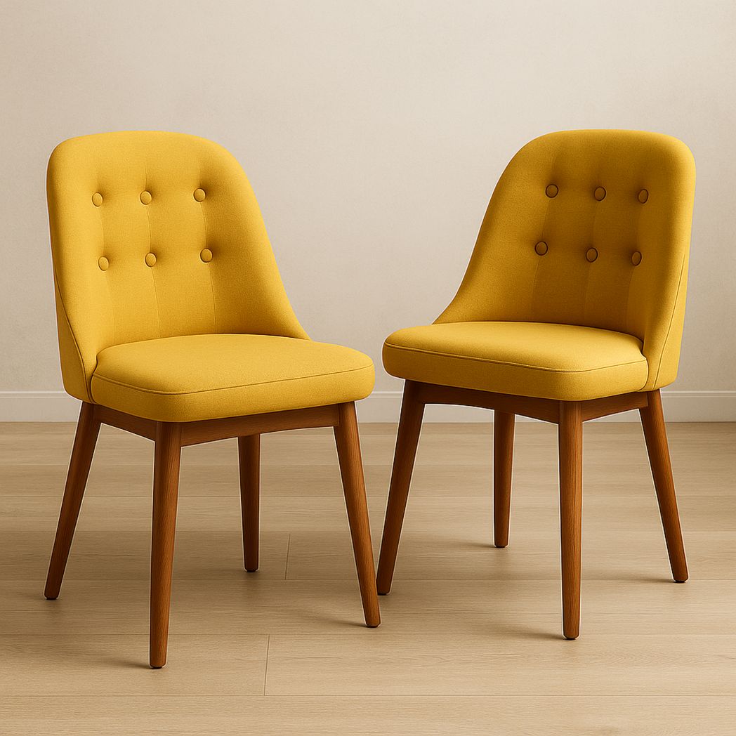 Set de 2 Chaises de Salle à Manger en Tissu Polyester Jaune avec Pieds en Bois 84x48x54 cm-Vasolia