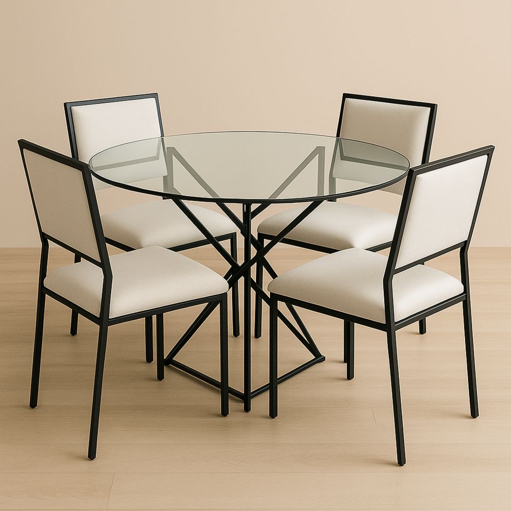 Table à manger ronde en verre trempé et métal noir avec 4 chaises en tissu polyester blanc - Diamètre 100 cm-Vasolia