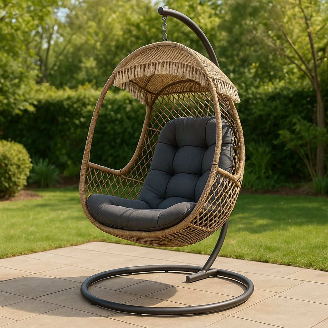 Fauteuil suspendu en rotin synthétique avec structure en acier, coussin polyester, Brun/Gris, 200 cm x 95 cm x 75 cm-Vasolia