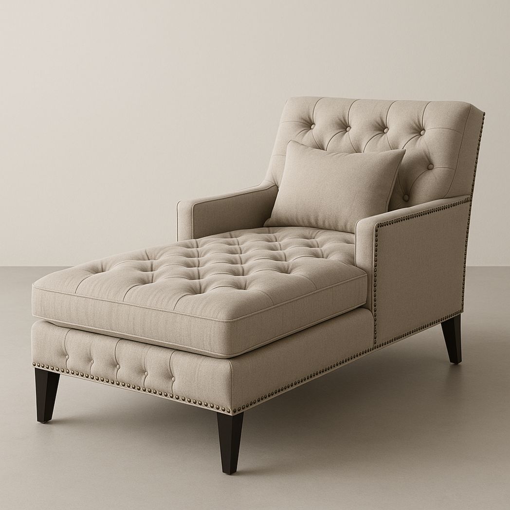 Chaise longue rembourrée en lin beige à accoudoirs, 200 cm de long-Vasolia