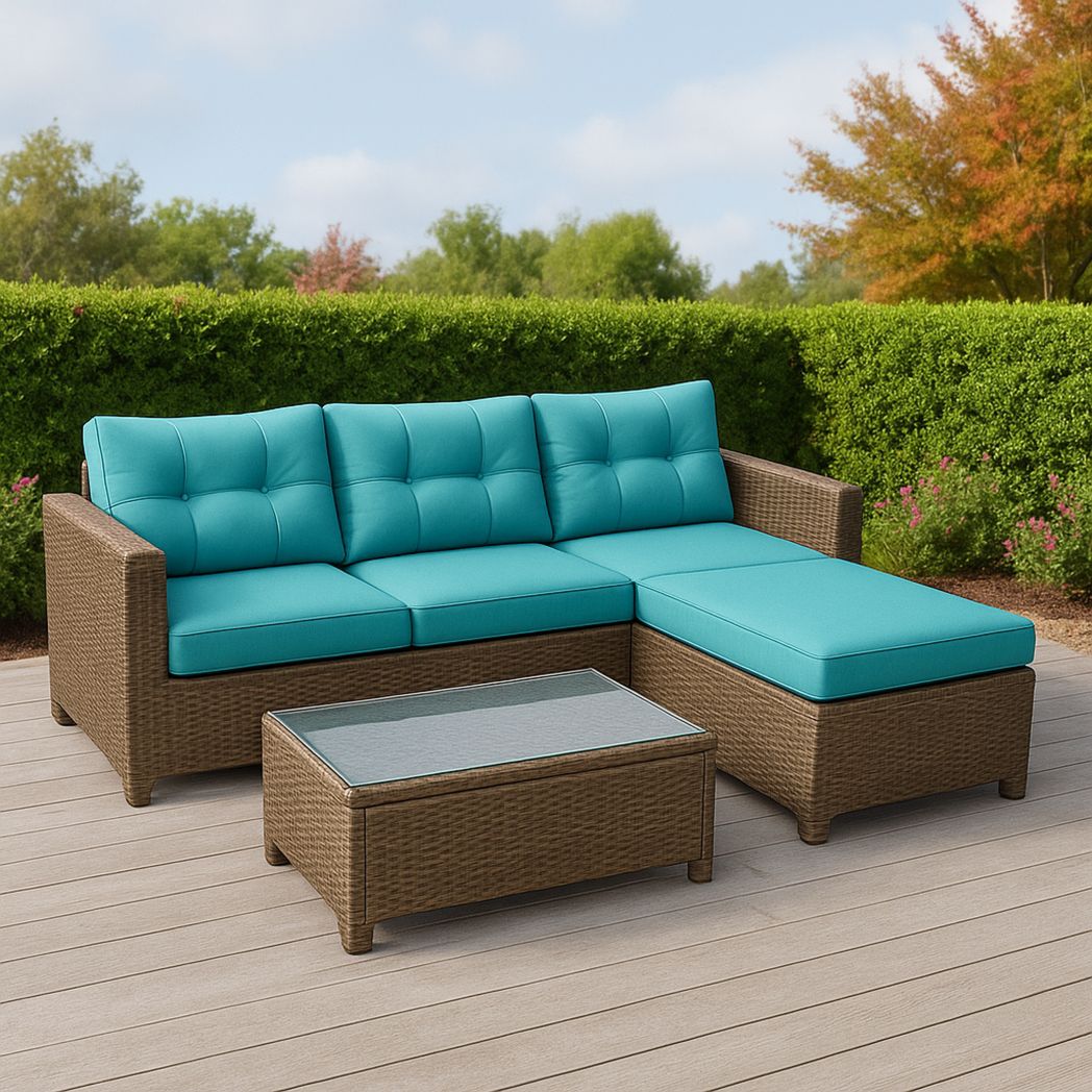 Ensemble de canapé d'angle 4 pièces en résine tressée marron et coussins turquoise, coussins en mousse polyester, table avec plateau en verre trempé-Vasolia