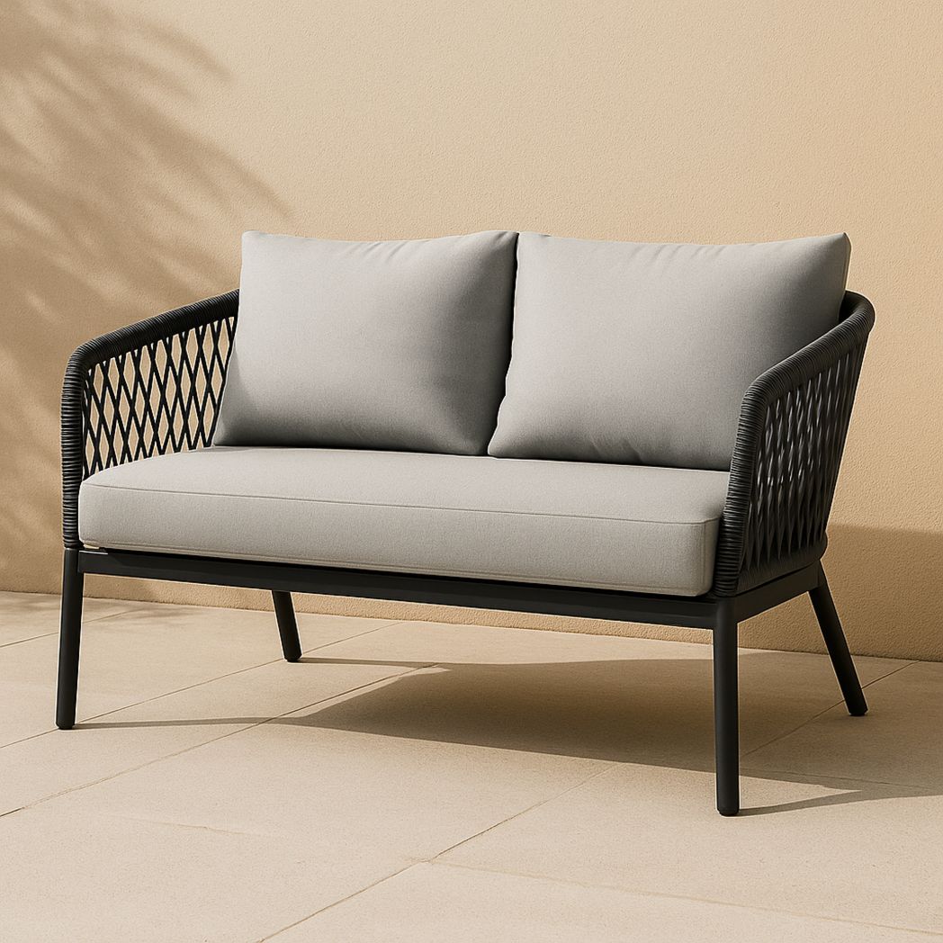 Canapé d'Extérieur en Métal Noir avec Coussins en Polyester Gris-Vasolia