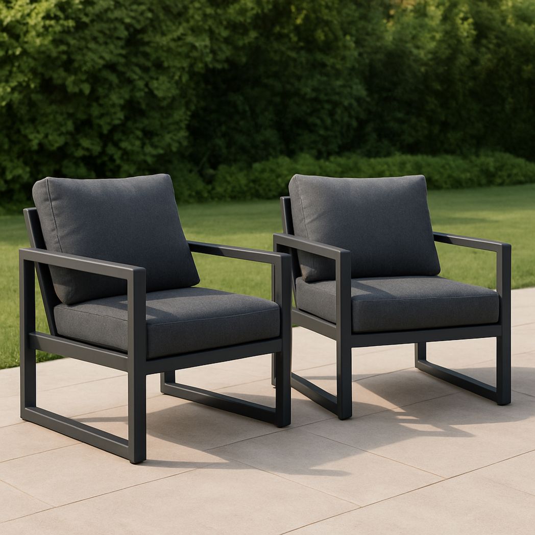 Lot de 2 fauteuils de jardin extérieur en aluminium gris avec coussins en polyester-Vasolia