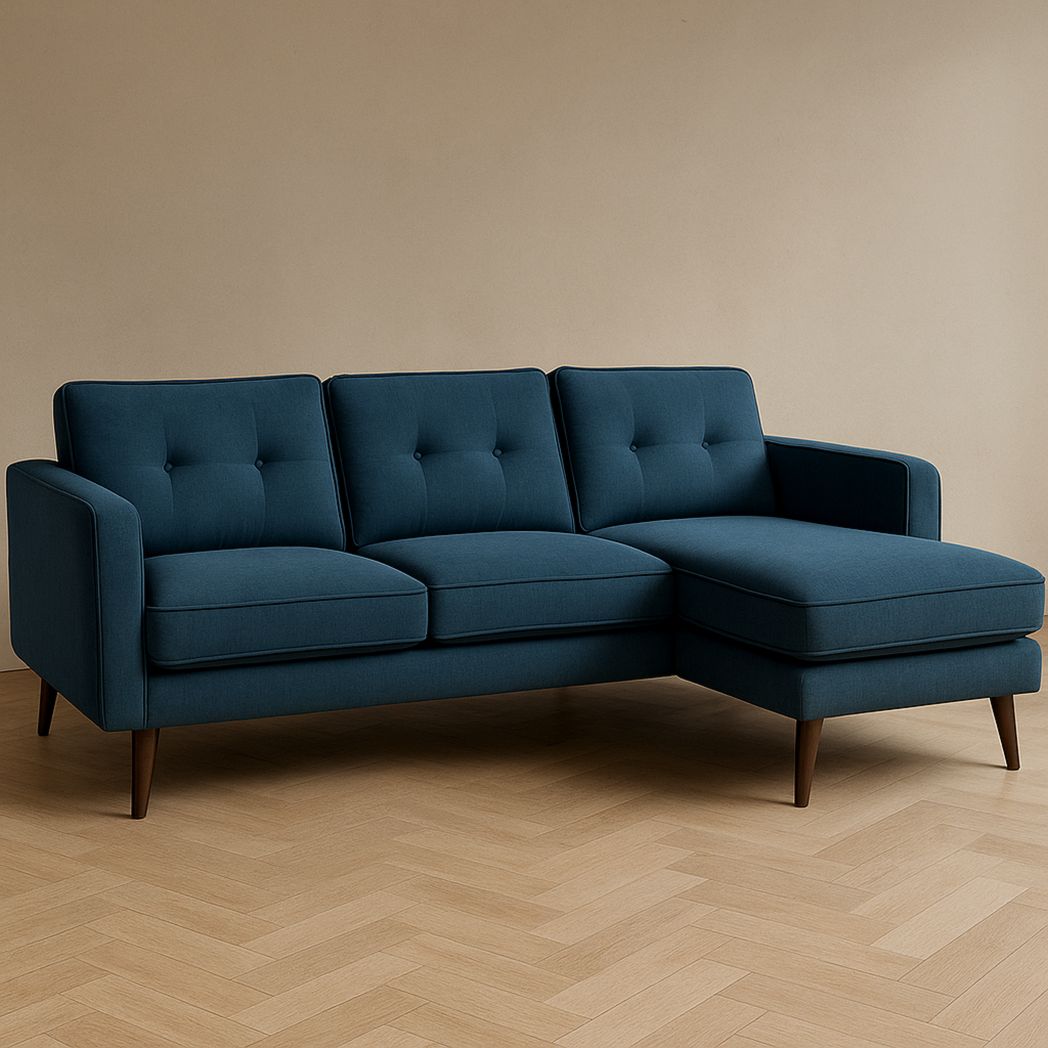 Canapé d'Angle en Lin Bleu avec Pieds en Bois, 3 Places, L 220 cm x l 150 cm x H 85 cm-Vasolia