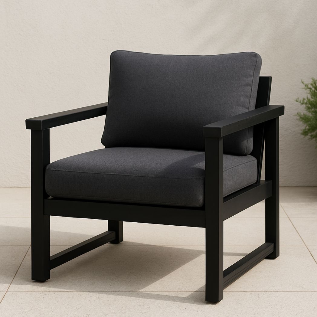 Fauteuil de jardin en aluminium noir avec coussins en polyester gris-Vasolia