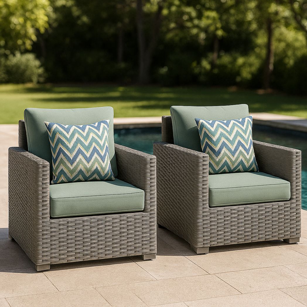 Ensemble de 2 Fauteuils de Jardin en Matériau Tressé Gris avec Coussins en Polyester Vert-Vasolia