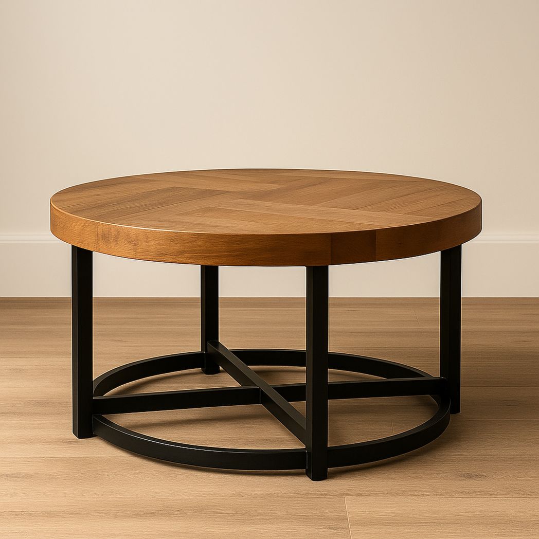 Table basse ronde en bois massif et métal noir, diamètre 90 cm, hauteur 45 cm-Vasolia