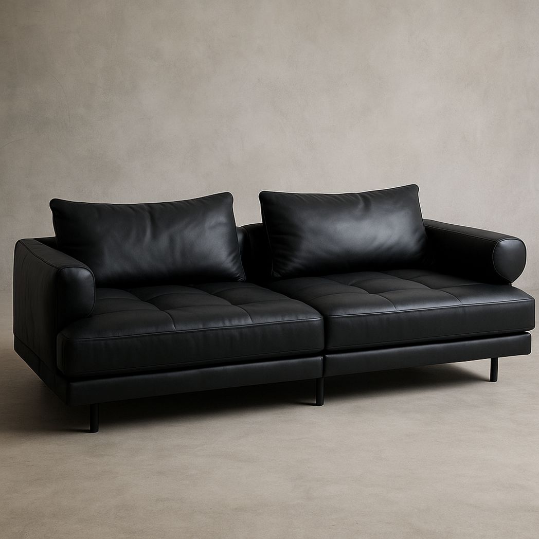 Canapé en cuir synthétique noir 2 places avec cadre en bois et pieds en métal-Vasolia