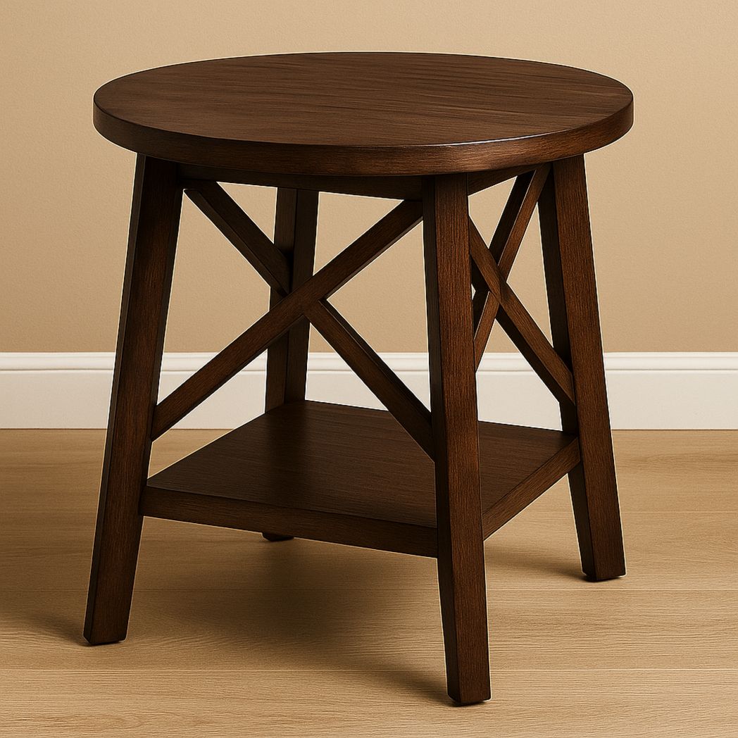 Table d'appoint ronde en bois massif marron, diamètre 45 cm, hauteur 55 cm-Vasolia