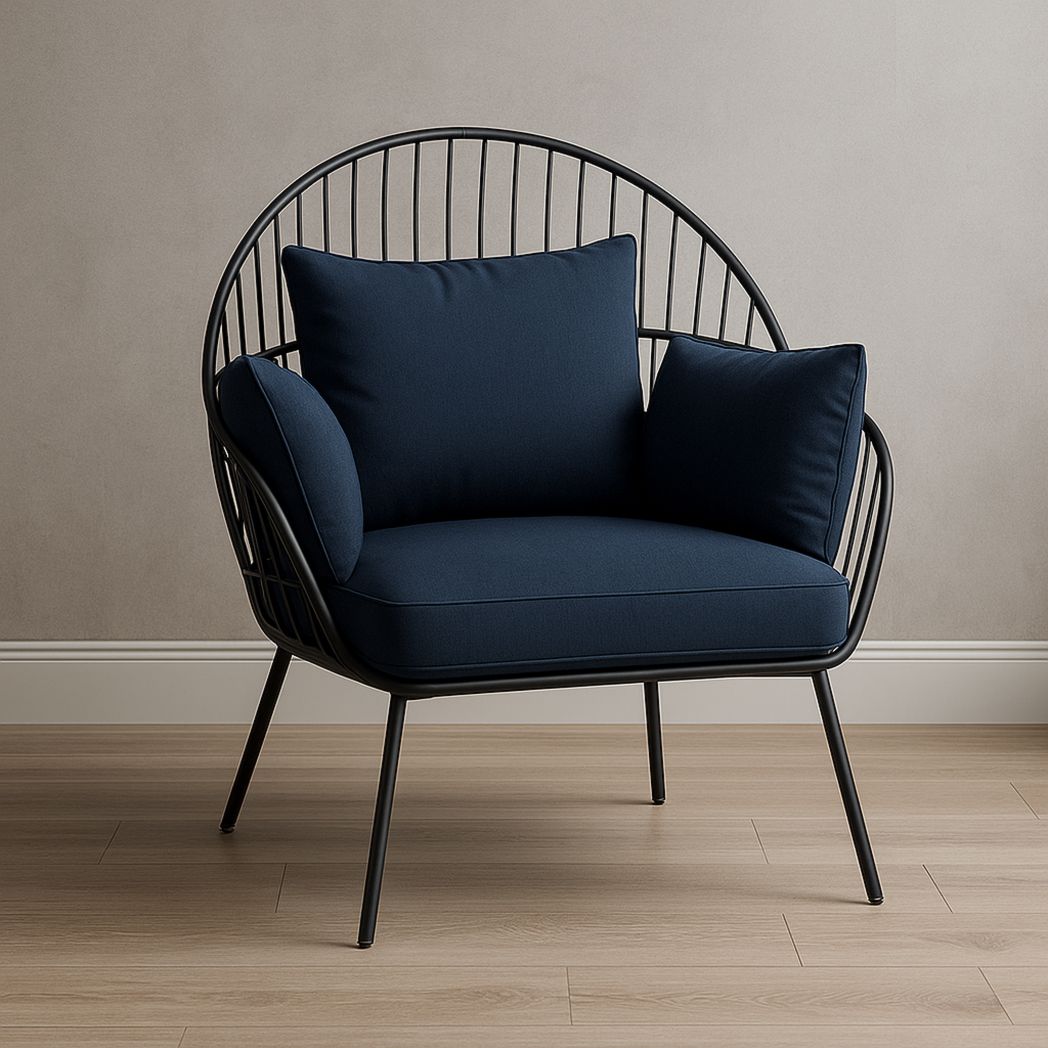 Fauteuil en Métal Noir avec Coussin Bleu Foncé-Vasolia