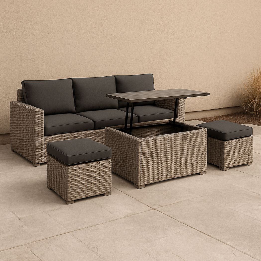Ensemble de mobilier de jardin 5 pièces en résine tressée avec coussins en polyester et table basse relevable Gris/Beige-Vasolia