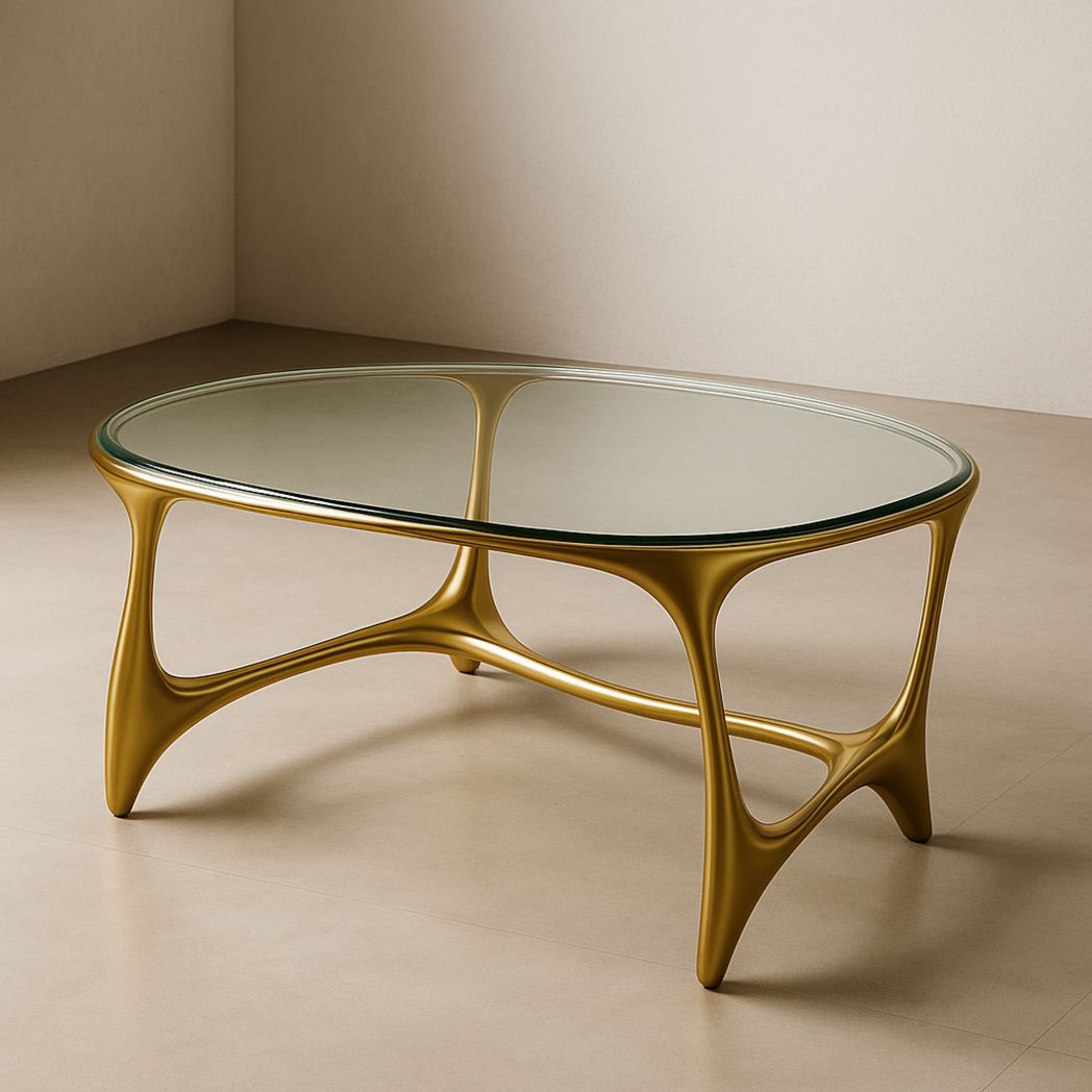 Table basse ovale en verre trempé épais avec pieds en métal doré-Vasolia