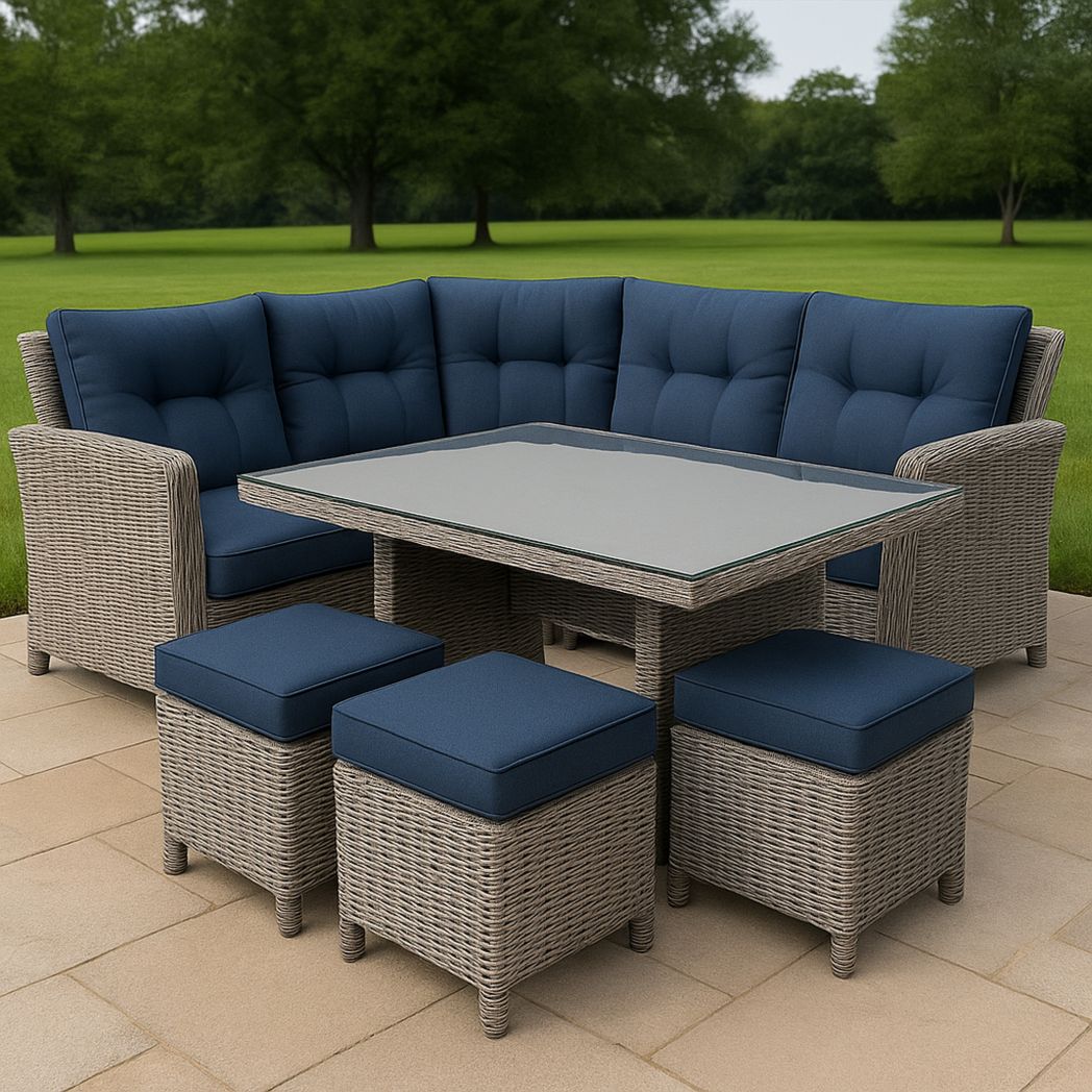 Ensemble de Meubles d'Extérieur en Résine Tressée avec Table en Verre et Coussins Amovibles Bleu Foncé, Canapé d'Angle avec Tabourets-Vasolia