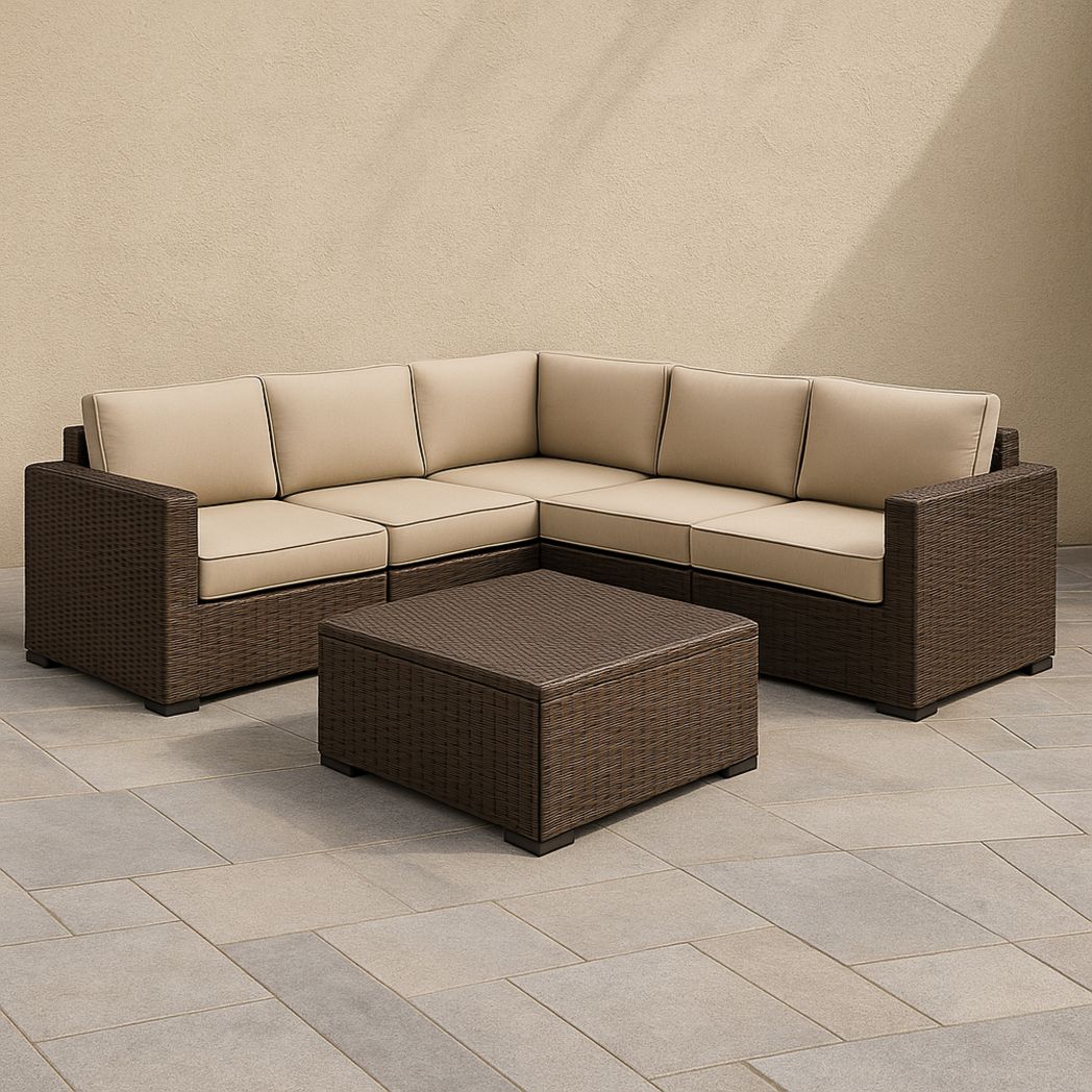 Ensemble de mobilier d'extérieur en résine tressée avec canapé d'angle et table basse, structure en acier galvanisé, Beige/Marron-Vasolia