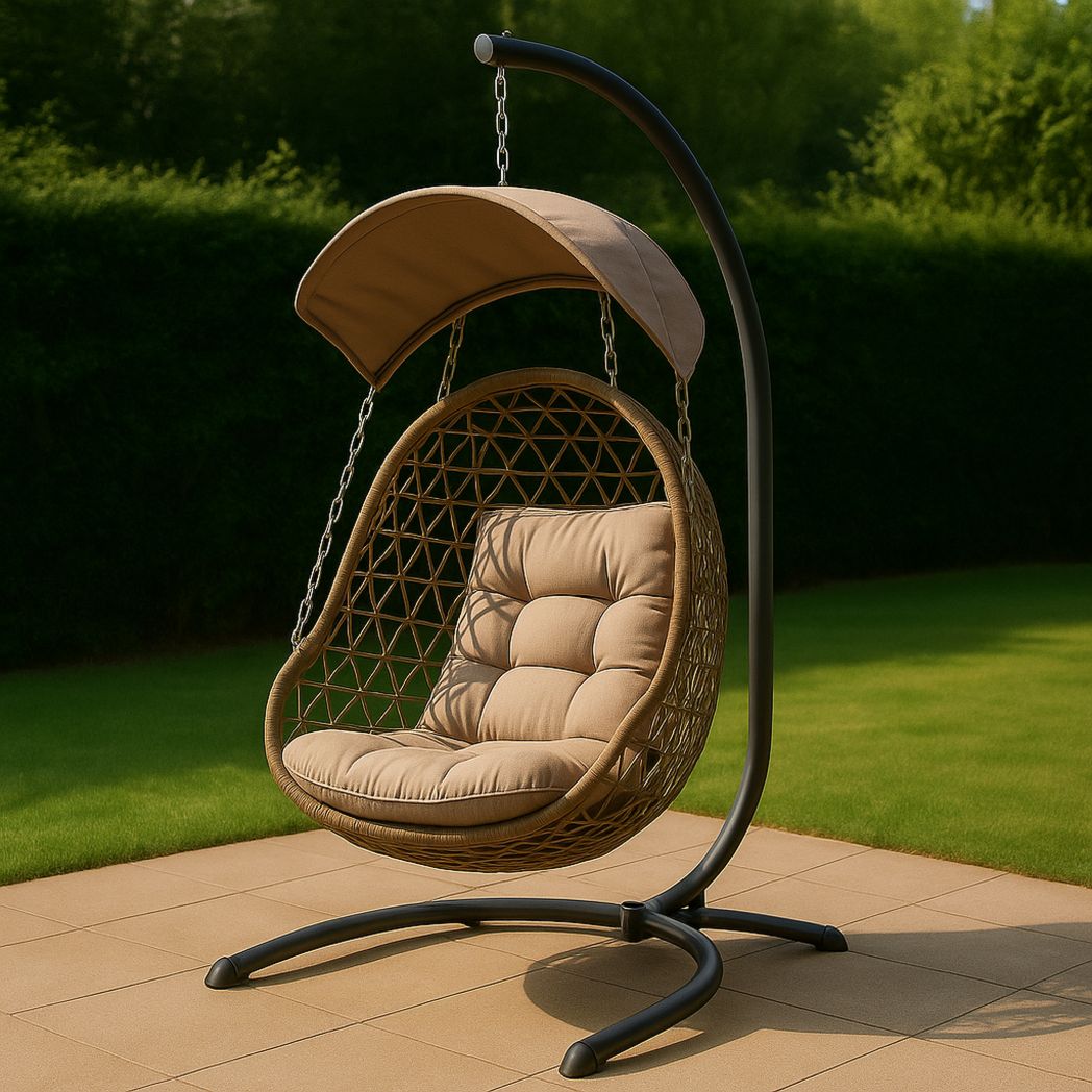 Chaise suspendue en forme d'œuf en polyrotin avec coussin et auvent en tissu beige pour jardin extérieur-Vasolia