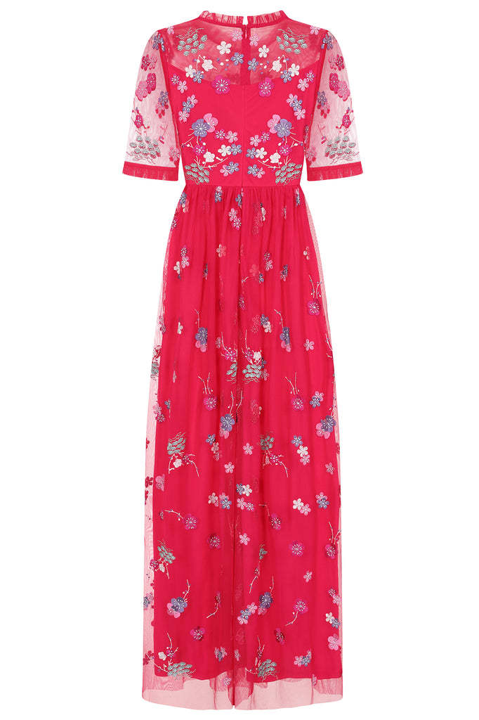 Crimson Floral Embroidered Maxi Dress