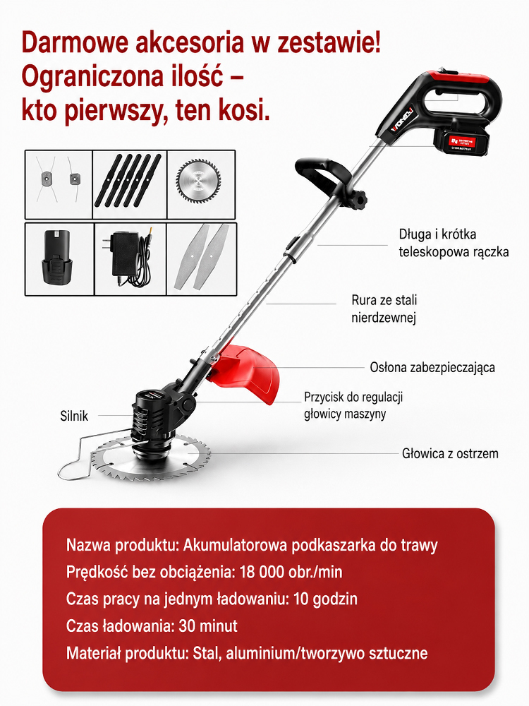 Lekka akumulatorowa kosiarka ogrodowa