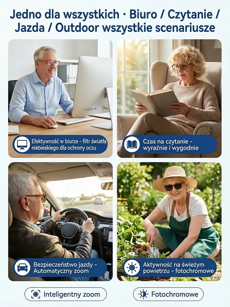 Fotoczułe, wysokiej klasy okulary do czytania z ochroną przed światłem niebieskim