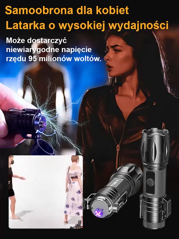 【Zoom zmienny】 Smile Shark – latarka obronna z podwójnym łukiem wysokiego napięcia i stroboskopem
