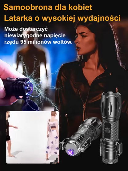 【Zoom zmienny】 Smile Shark – latarka obronna z podwójnym łukiem wysokiego napięcia i stroboskopem