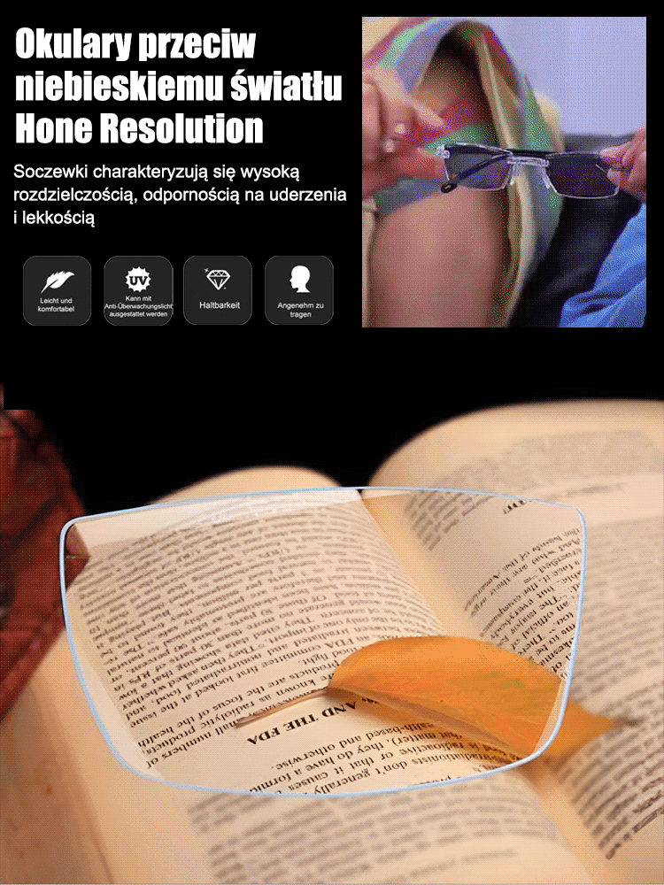 Niezwykle przejrzyste komórkowe fotochromowe okulary do prezbiopii