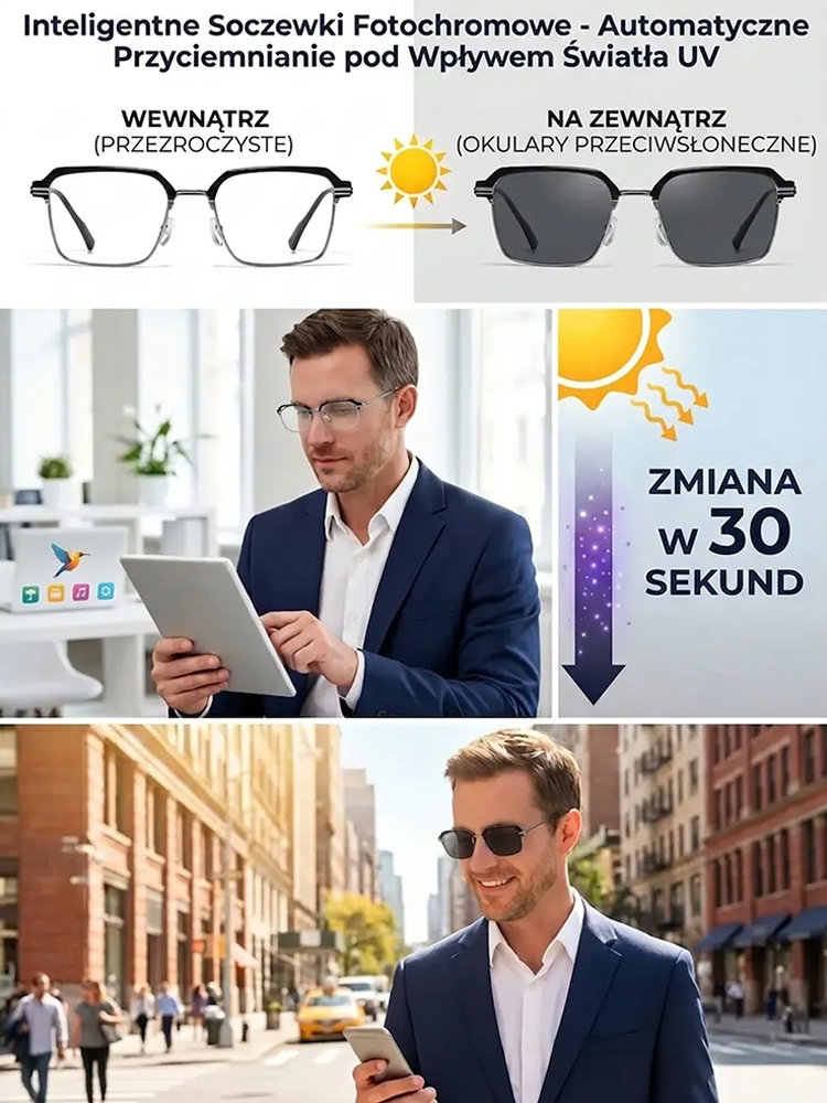 Inteligentne okulary do czytania z fotochromem i filtrem światła niebieskiego