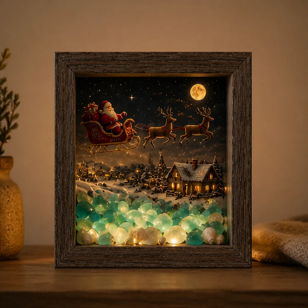 🔥💝Coastal Lighthouse Sea Glass Shadow Box Night Light