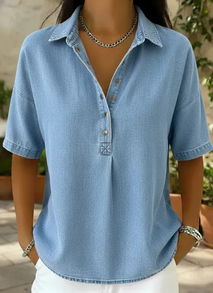 🔥Women's Relaxed Denim-Style Button Detail Top