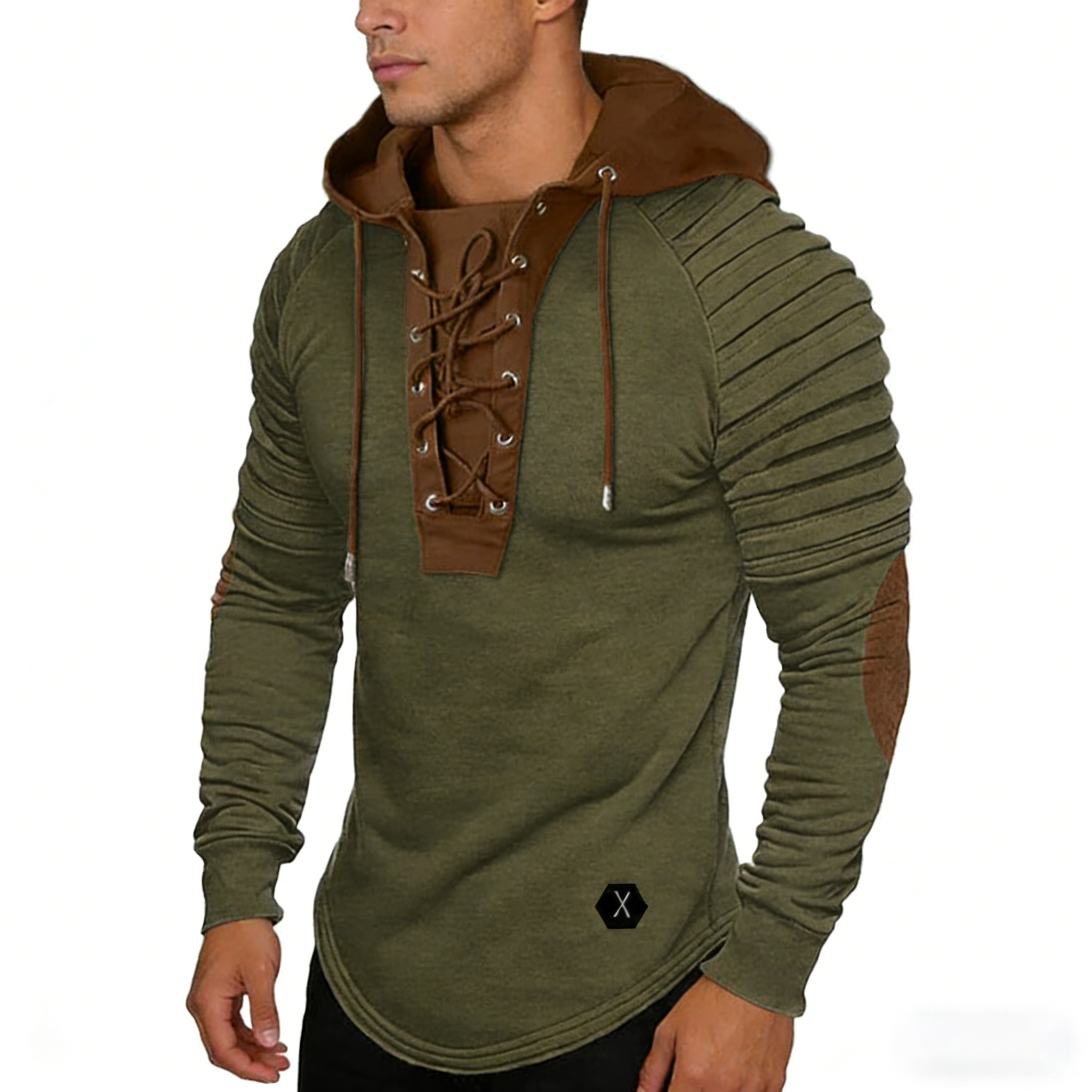 Solid color hooded long-sleeved drawstring spliced ​​basic top (street style)