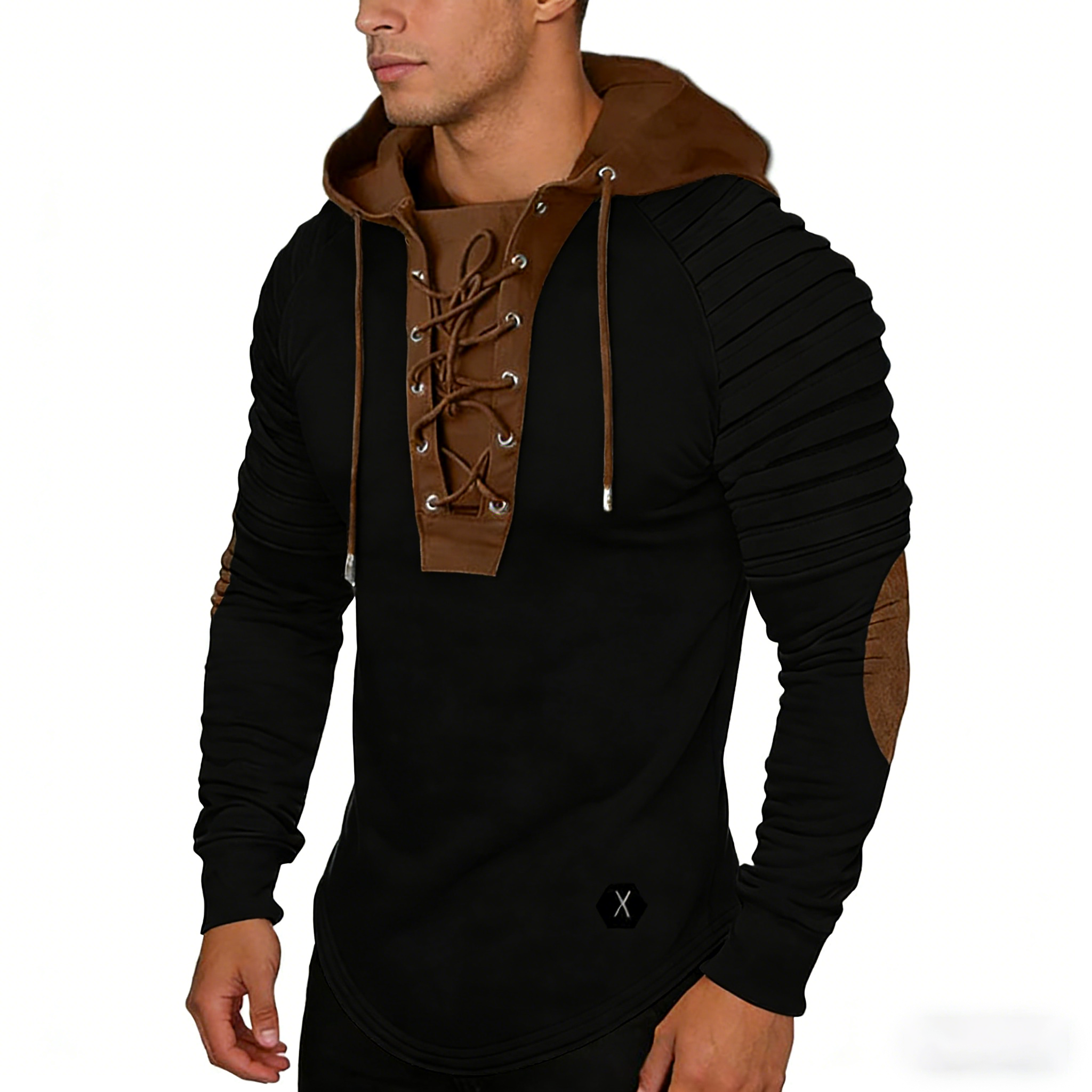 Solid color hooded long-sleeved drawstring spliced ​​basic top (street style)