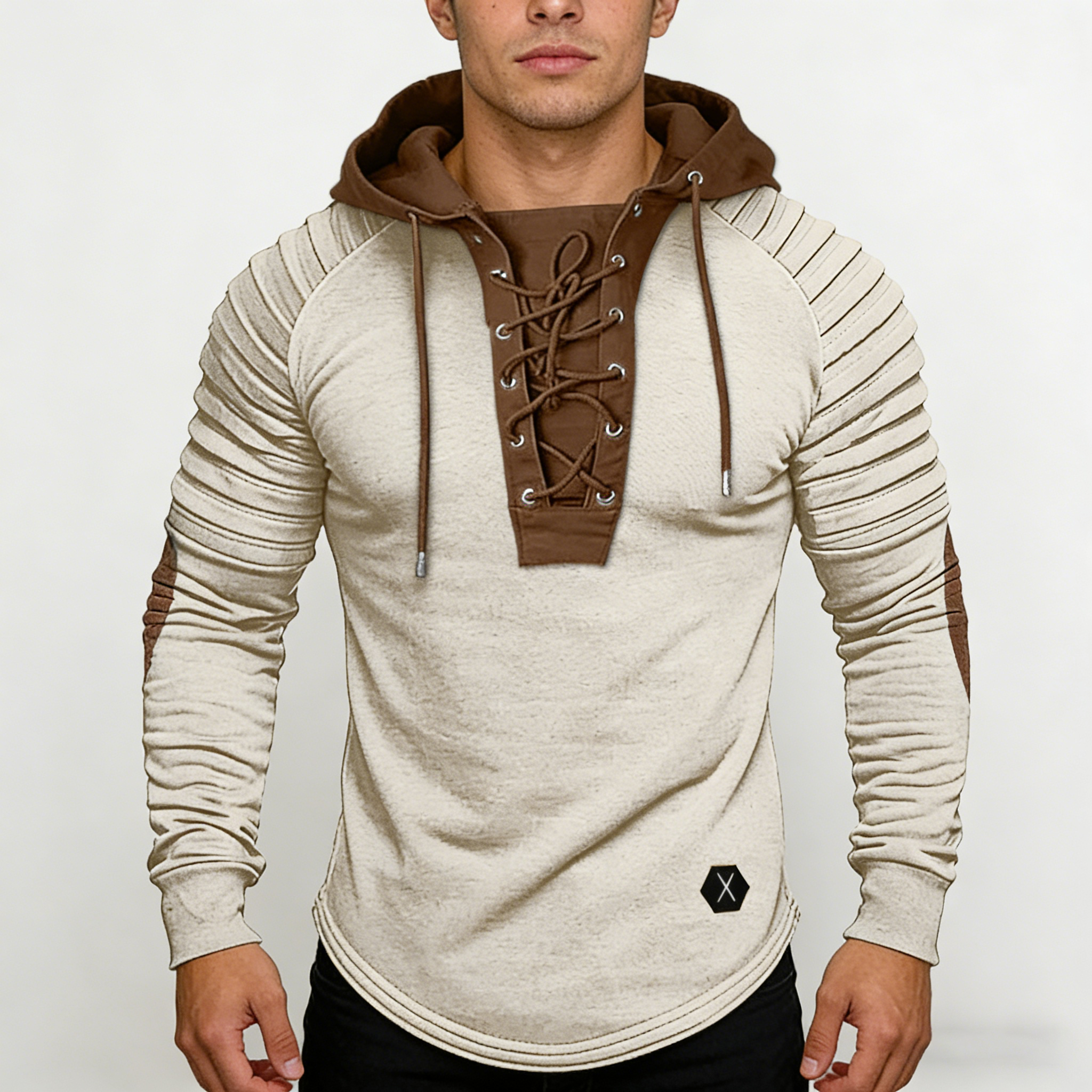 Solid color hooded long-sleeved drawstring spliced ​​basic top (street style)