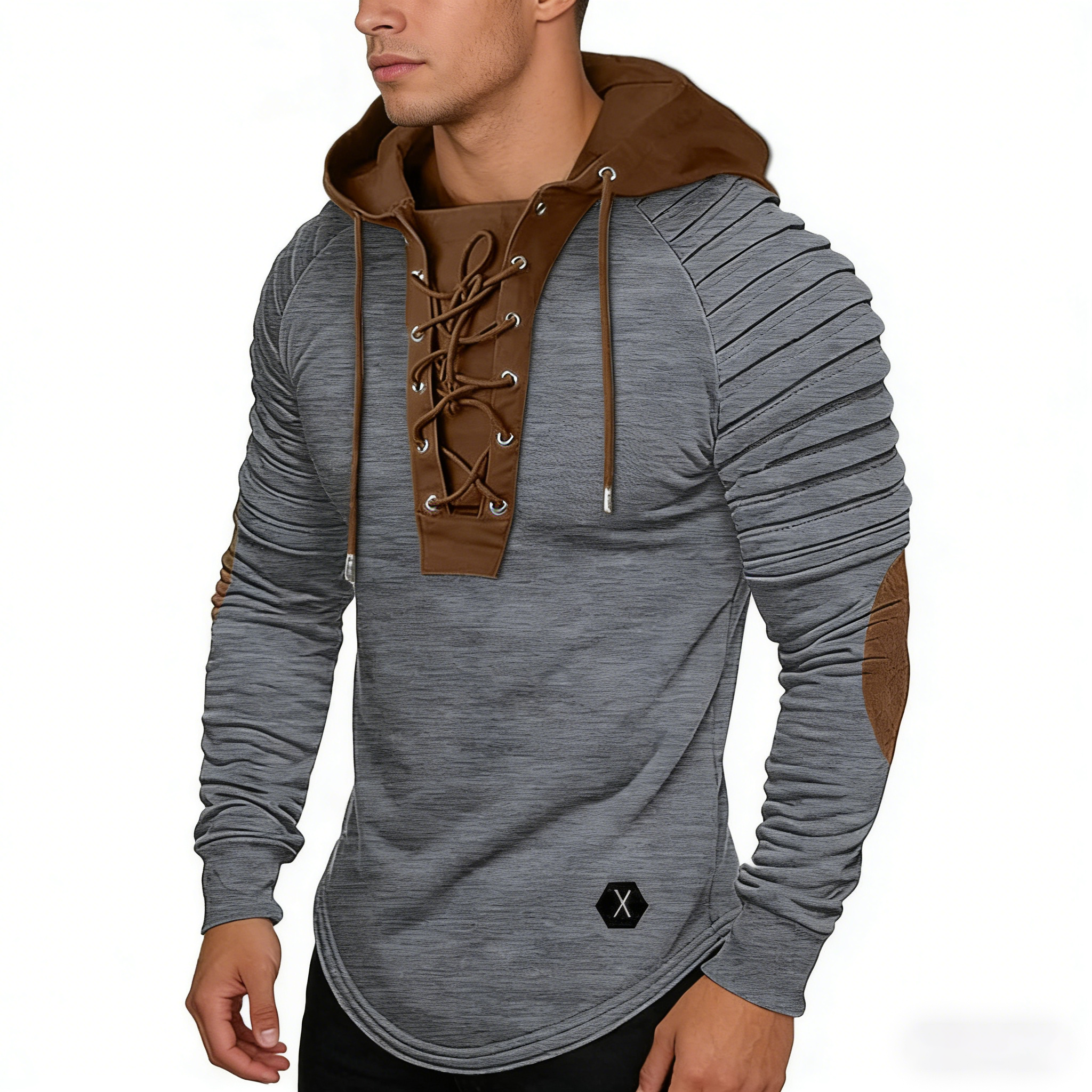 Solid color hooded long-sleeved drawstring spliced ​​basic top (street style)