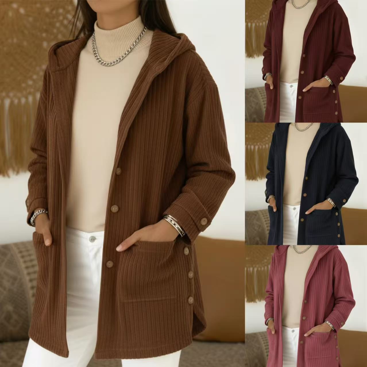 Women’s Mid-Length Hooded Corduroy Coat, Casual Loose Fall Layer