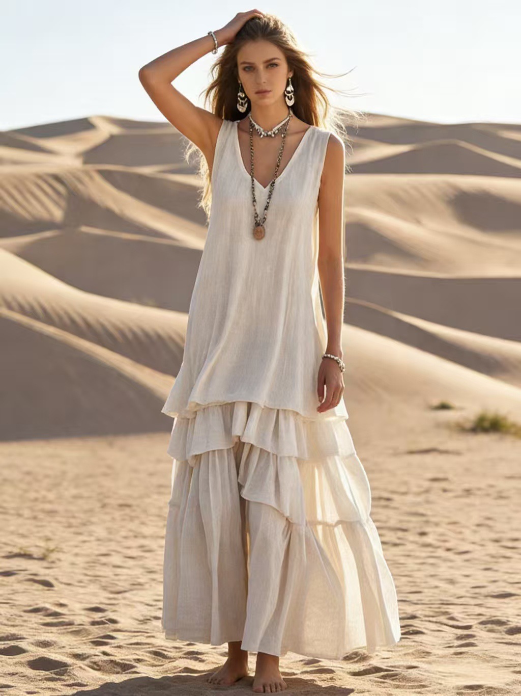 💝LAST DAY 50% OFF⭐ Women Deep V Neck Sleeveless Cotton Linen Maxi Dress Loose Tiered Ruffle Flowy Big Swing Long Dress