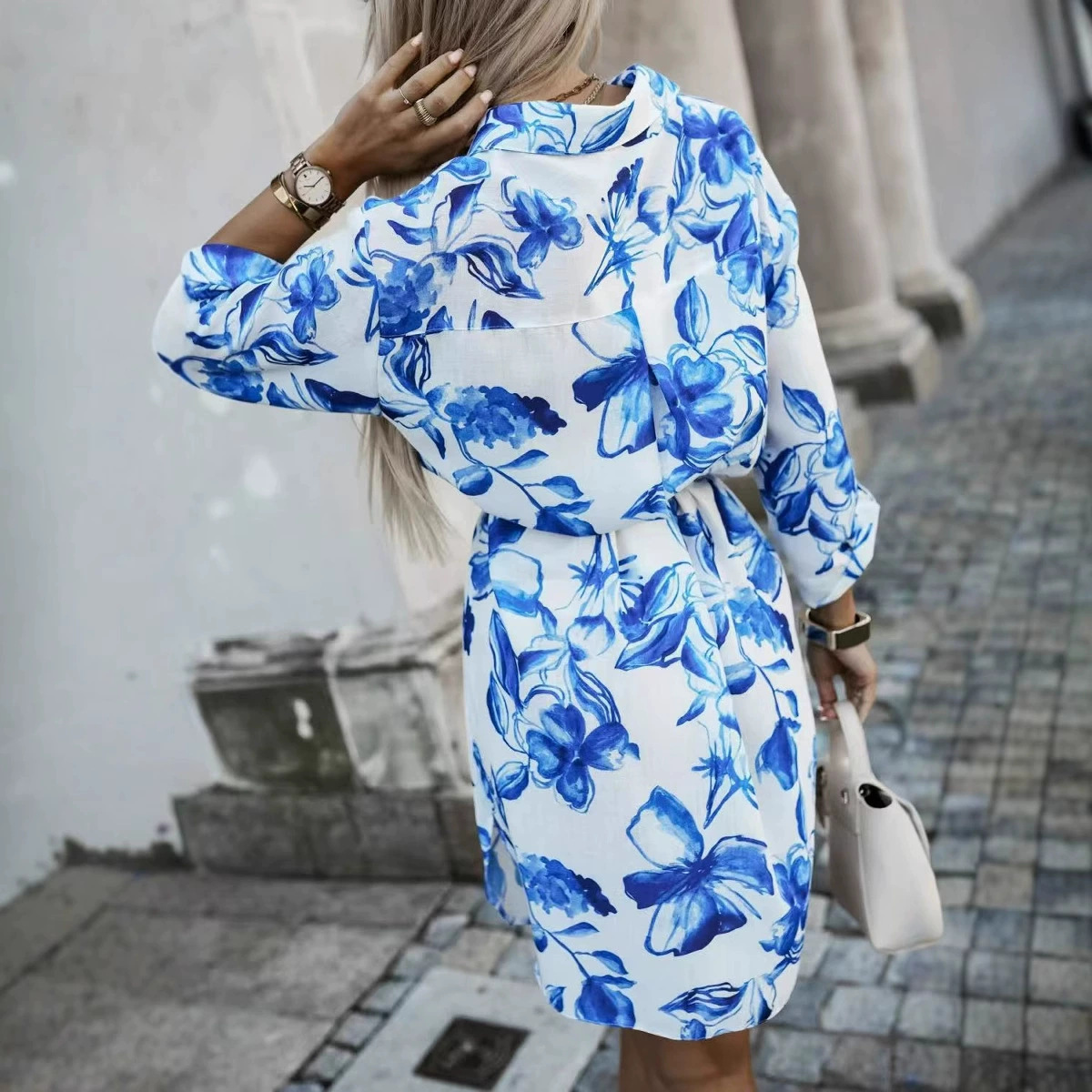 ⭐Limited Half Price💝Blue Flower Printed Tie Waist Button Front Long Sleeve Shirt Dress For Ladies Daily Travel