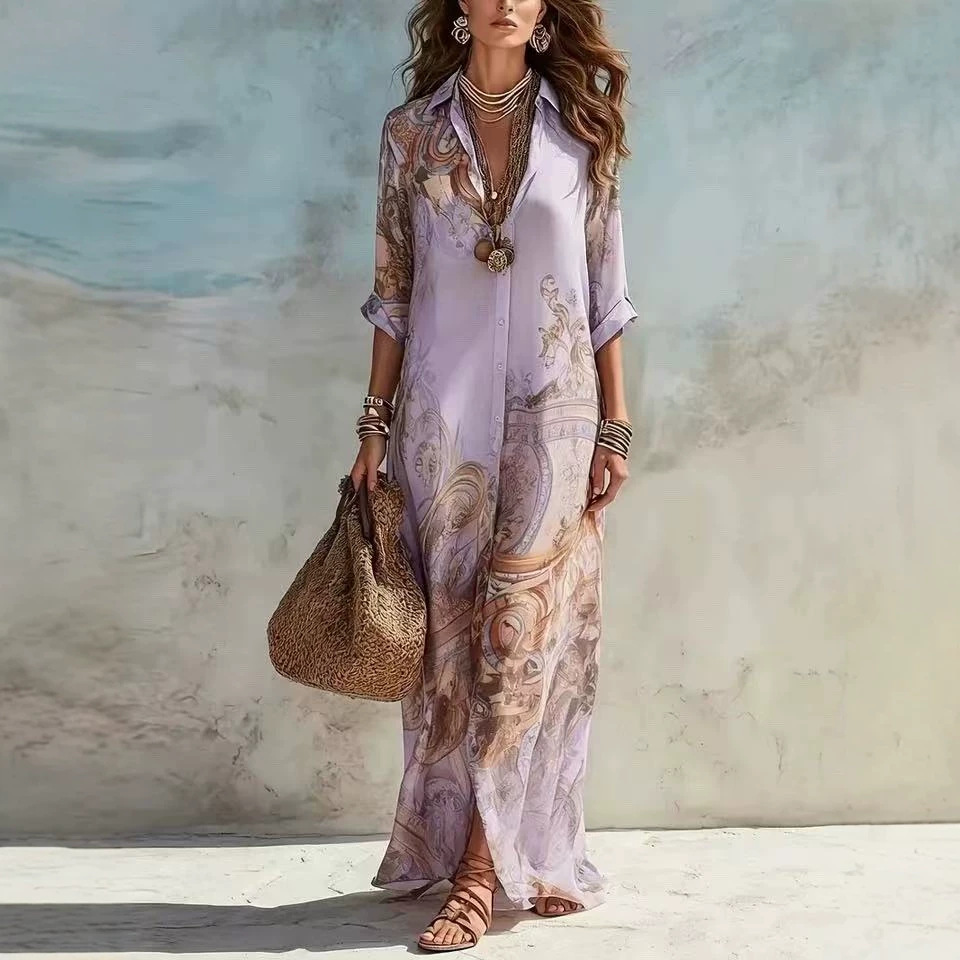 Baroque Style Floral Chiffon Maxi Dress