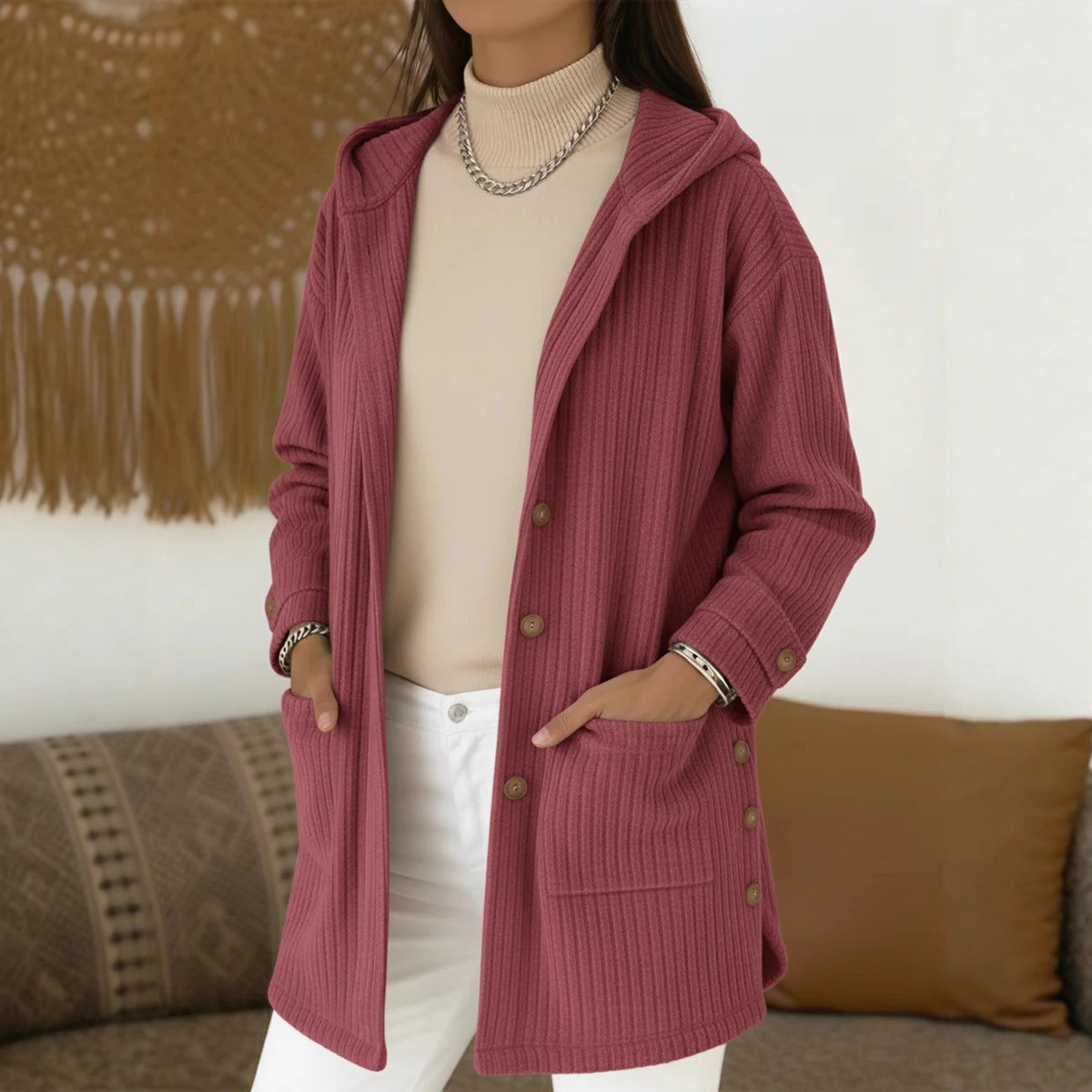 Women’s Mid-Length Hooded Corduroy Coat, Casual Loose Fall Layer