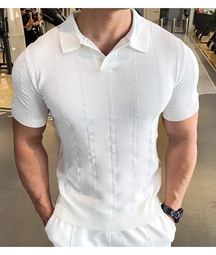 ⏰Promotion 50% OFF - Men's British Style Short Sleeve Pullover Lapel Knit Shirts, Vintage Solid Color Jacquard Drop Shoulder Casual Knit Tops