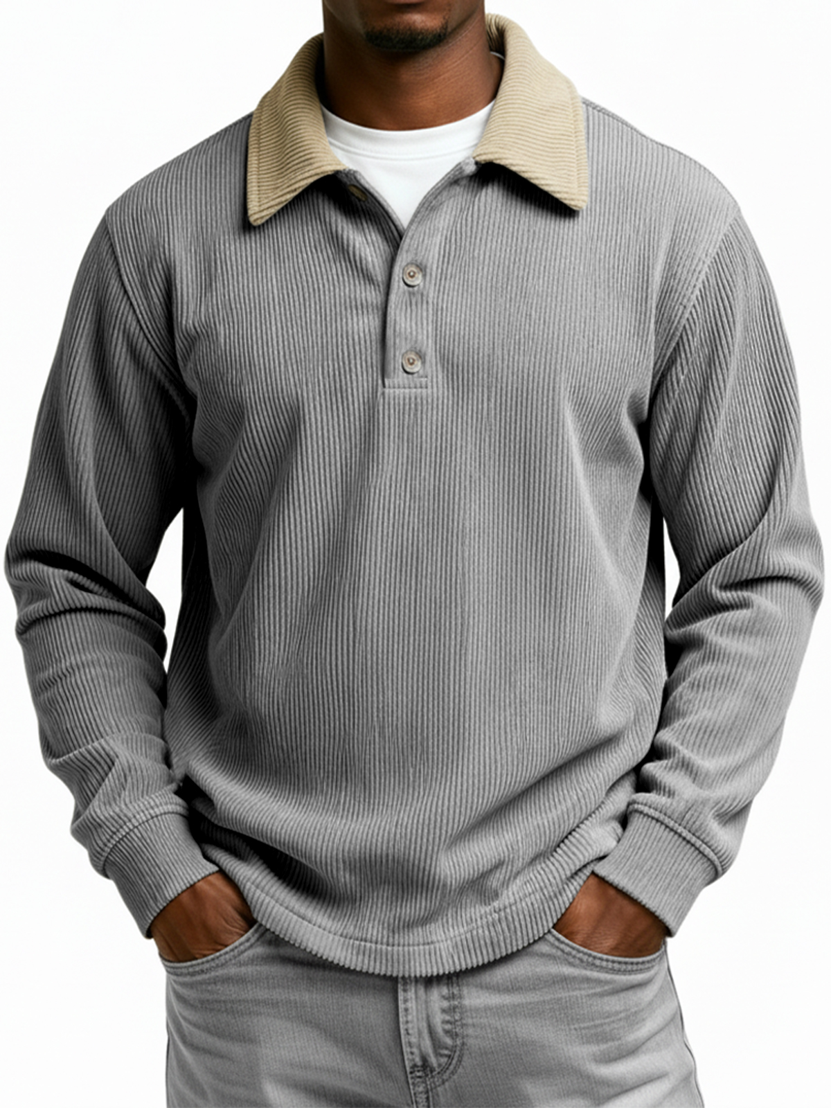 Men's Color-blocked Ribbed Collar Long-sleeved Button-down Polo Shirt