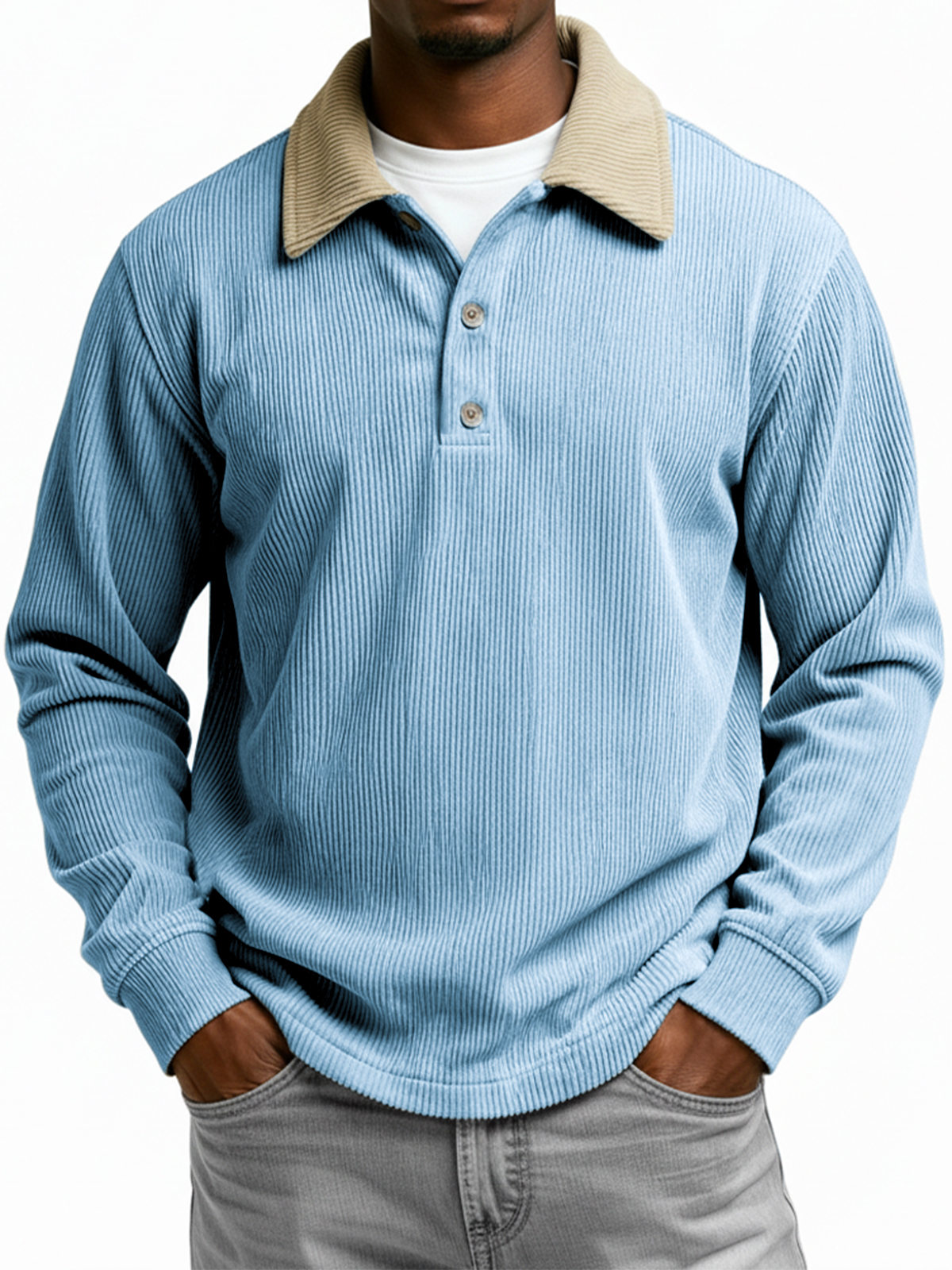 Men's Color-blocked Ribbed Collar Long-sleeved Button-down Polo Shirt