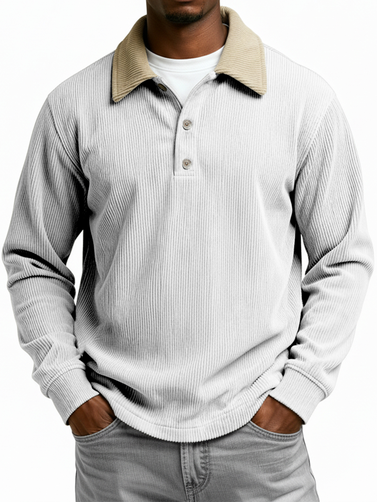 Men's Color-blocked Ribbed Collar Long-sleeved Button-down Polo Shirt