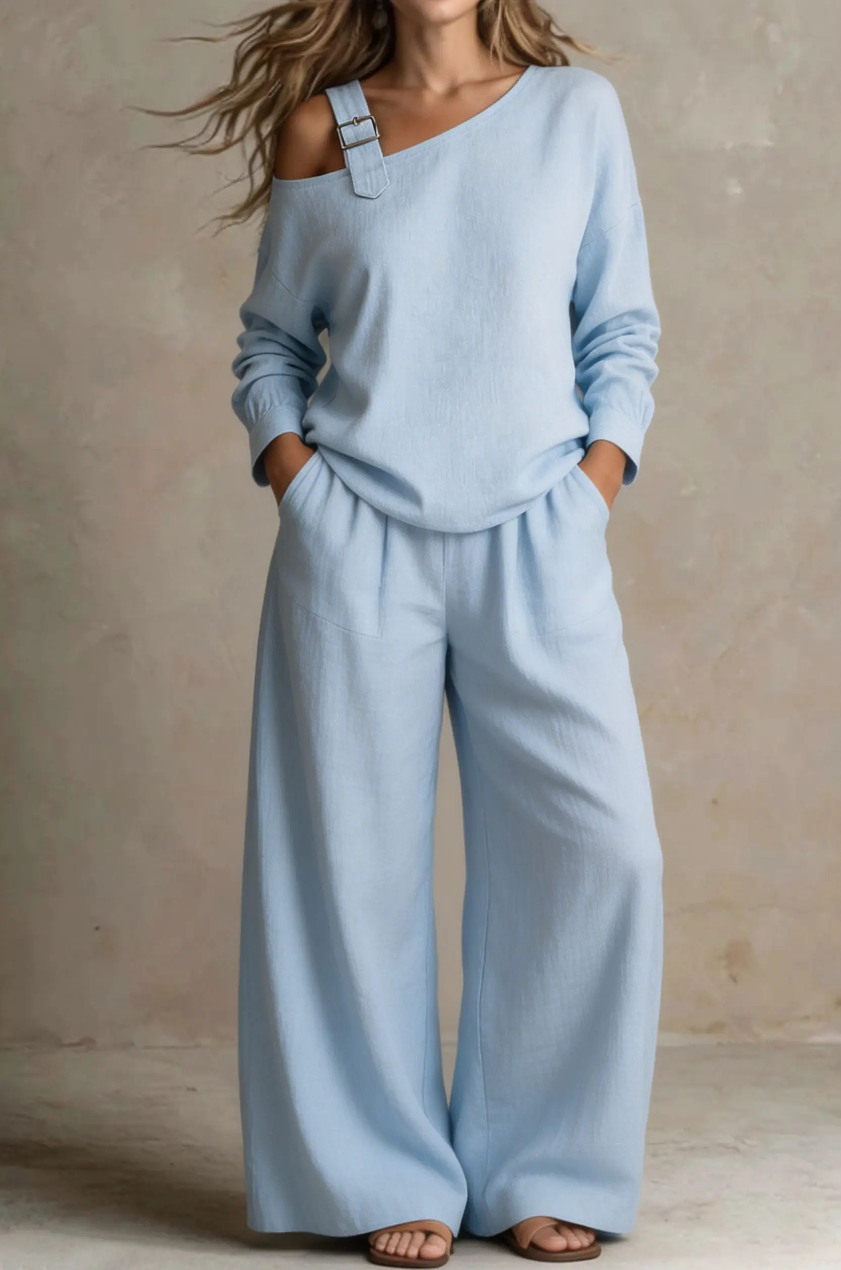 【Buy 2 Free Shipping】Women Chic One-Shoulder Linen-Blend Two-Piece Set