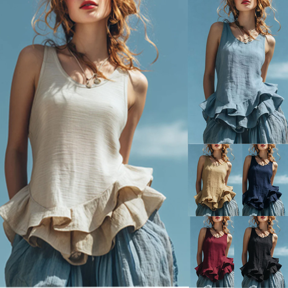 Women’s U-Neck Sleeveless Ruffle Hem Linen Cami Top, Solid Spliced Casual Summer Tank Top