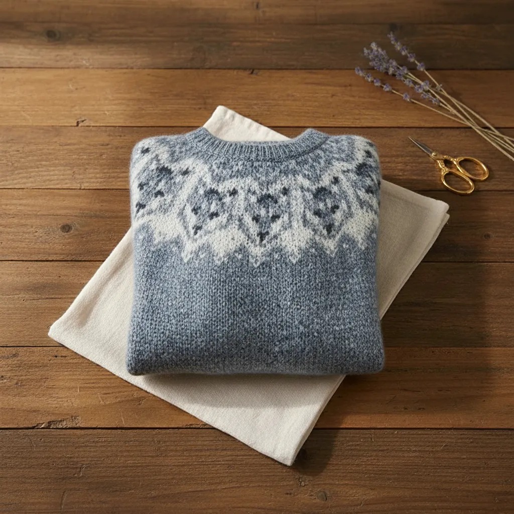 Cashmere Sweater Blue with Wolf Pattern
