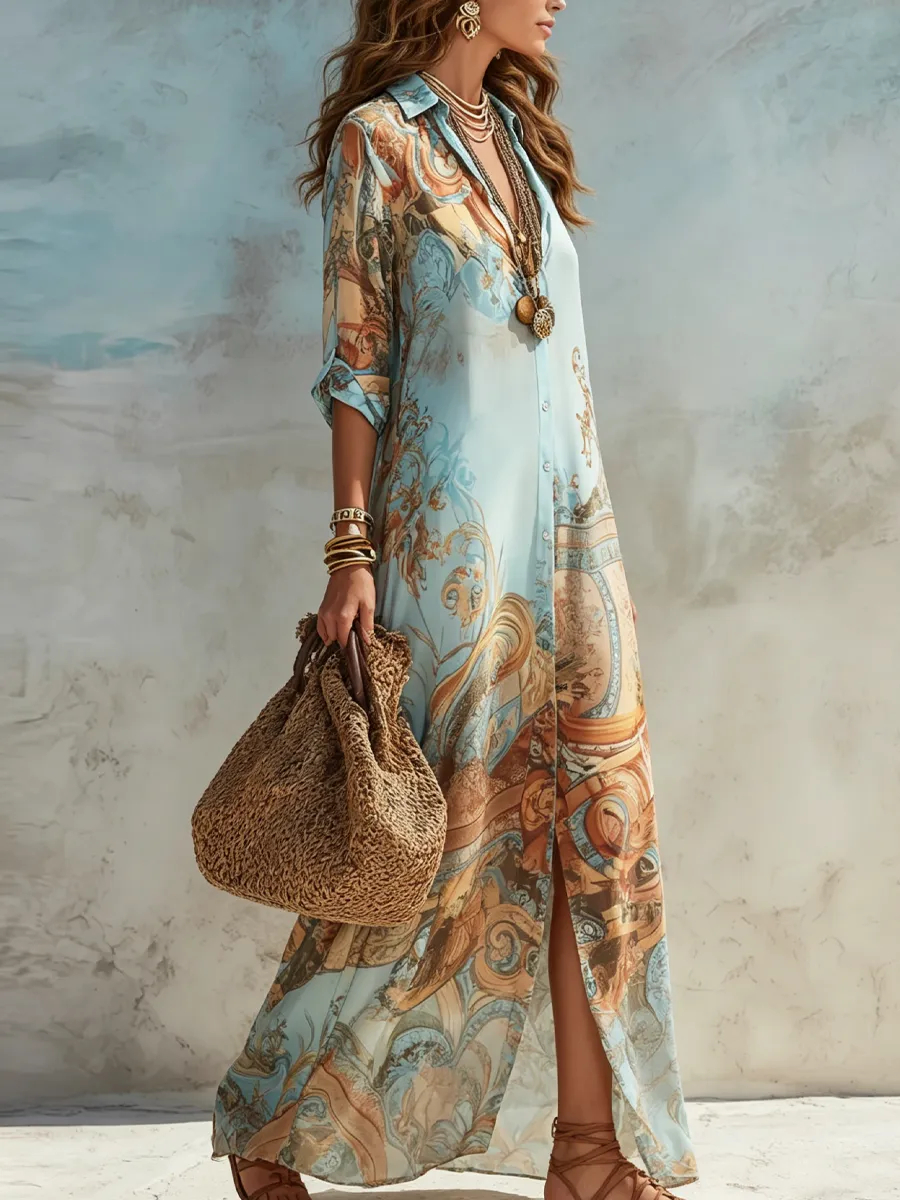 Baroque Style Floral Chiffon Maxi Dress