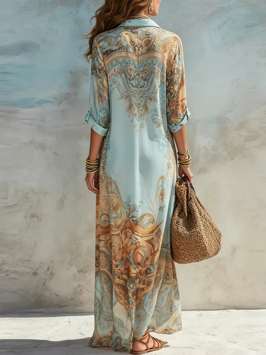 Baroque Style Floral Chiffon Maxi Dress