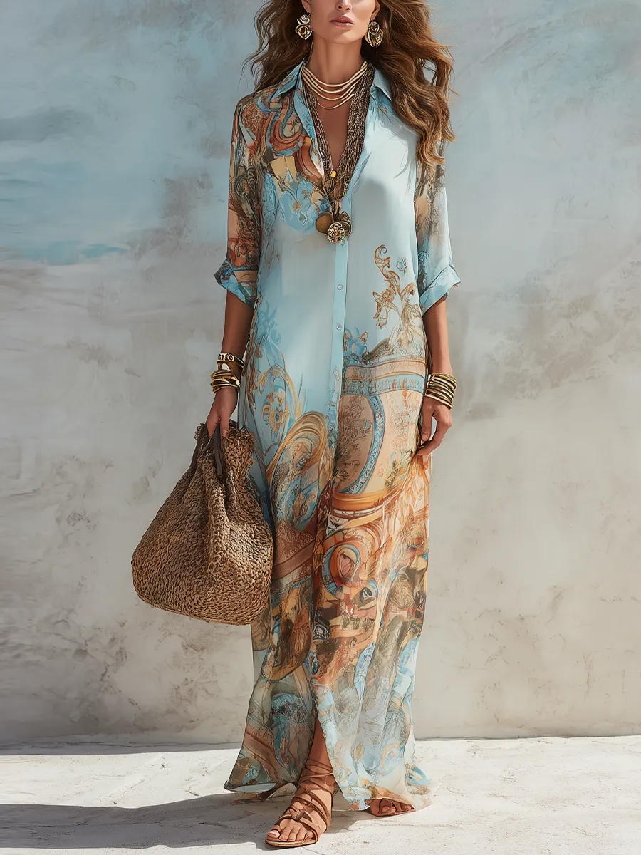Baroque Style Floral Chiffon Maxi Dress
