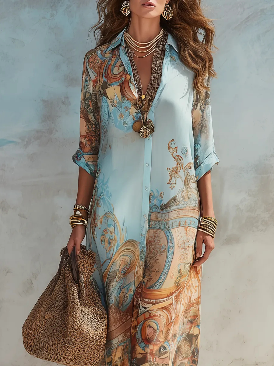 Baroque Style Floral Chiffon Maxi Dress